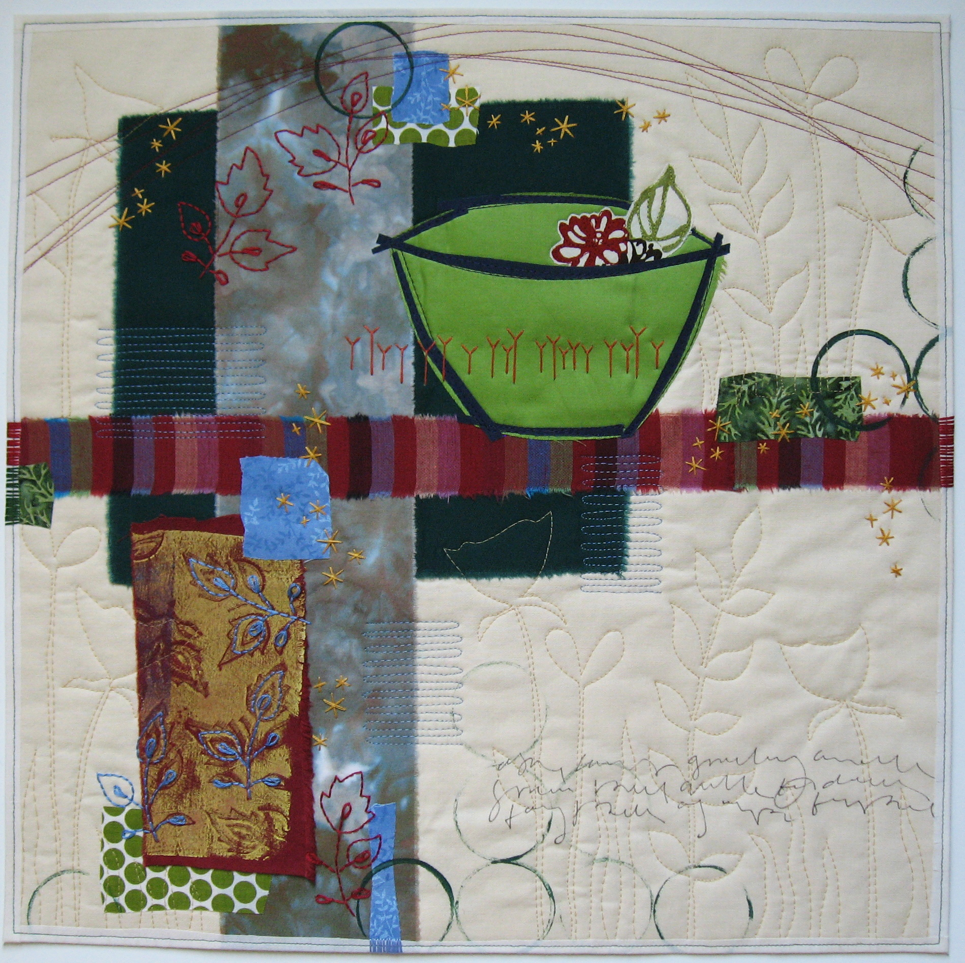 Green Bowl Gathering a quilt by Deborah Boschert