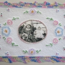 Nancy - This is a picture of my mom and her sister. My mom is the one on the right. The tatting around the picture is some that I found in her stuff that she was in the process of stitching around a handkerchief some decades ago.