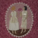 Victorian Ladies in their finest - I took a workshop from Karen in 1999. She gave us the pattern Ladies of the evening. I changed it to Victorian Ladies. I used antique lace and buttons to create their dresses which are 3D. It won 3rd prize for applique at Marquette County Quilters Asso. quilt show in 2000.