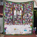 Wedding memory quilt - Memory quilt for wedding in 2009. Used photos of bride and groom growing up, family and wedding. Guests signed blocks on bottom