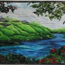 Little Landscape - I love mountains and rivers so I made up a little fantasy landscape of my own. I used my photos of trees for reference. The top part has over 1000 pieces in it with about 500+ making up the mountains, water and foreground. I used fabric markers in the hills.