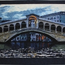 Dawn in Venice - Based on a photo taken at 5am of the Rialto Bridge, Venice by my sister Genevieve Broun. The dawn light made the white buildings and bridge look lovely shades of blue. The colours are as close to the photo as possible. This picture pieced quilt has 3600 pieces, many an 1/8th" small. The top took 8 weeks to piece.