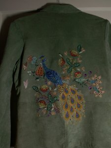 Peacock on Green Suede Jacket